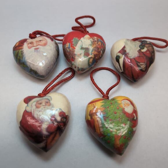 Lot Of 6 Decoupage Paper Mache Christmas Ornaments Victorian Heart Egg Shaped - Picture 2 of 11